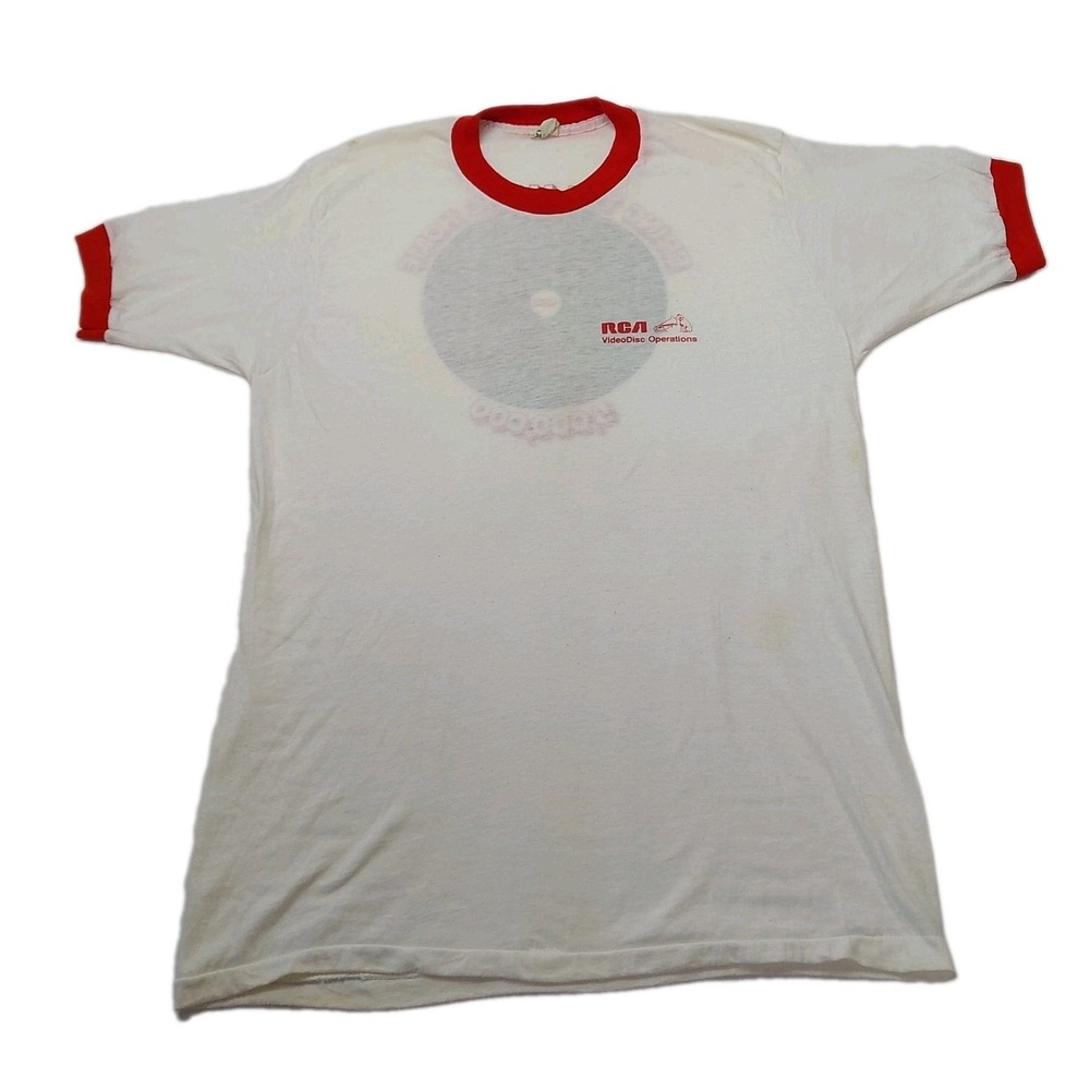 Vtg 1982 Screen Stars Ringer TShirt Mens XL White Red RCA Records Paper Thin